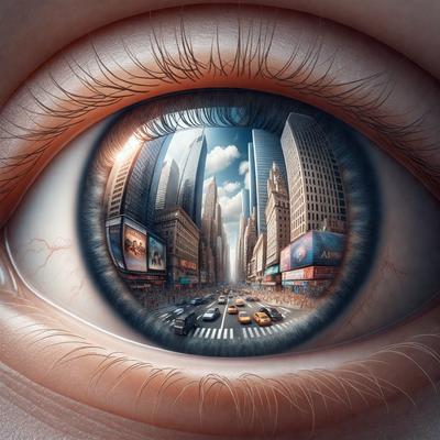 The primary subject of the image is a close-up of a person's eye, which is looking at a cityscape. The setting is a busy city street filled with cars and pedestrians. The visual style is a combination of photo and digital art, creating a realistic yet artistic representation of the city. The colors and mood are vibrant and lively, capturing the energy and excitement of the city.